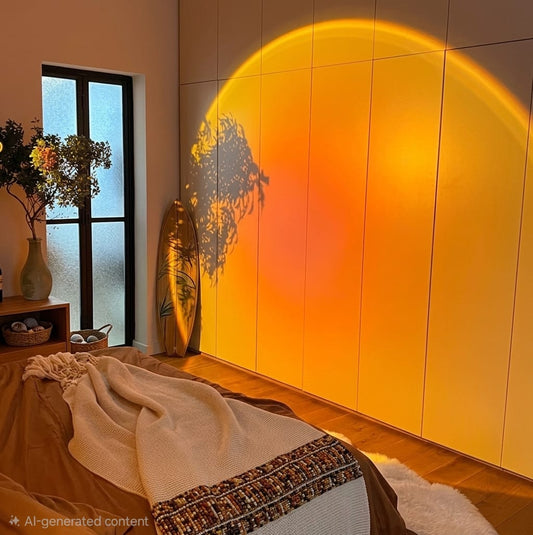 Room interior with a large wall-mounted mirror reflecting a sunset, creating a warm glow.