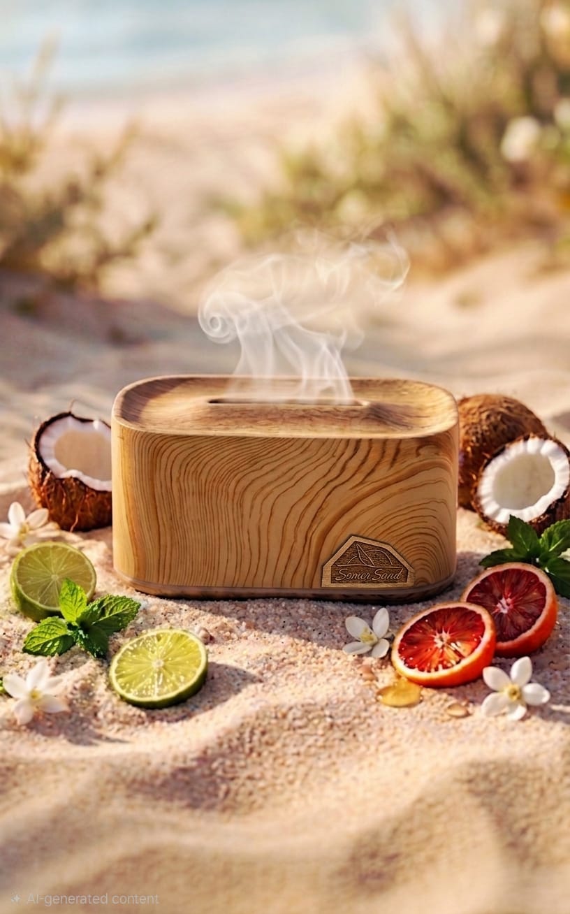 Wooden diffuser with steam on a sandy surface with coconuts, limes, and oranges.