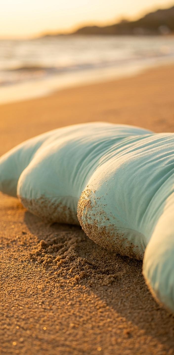 Close-up of pillow on a beach with ocean in the background