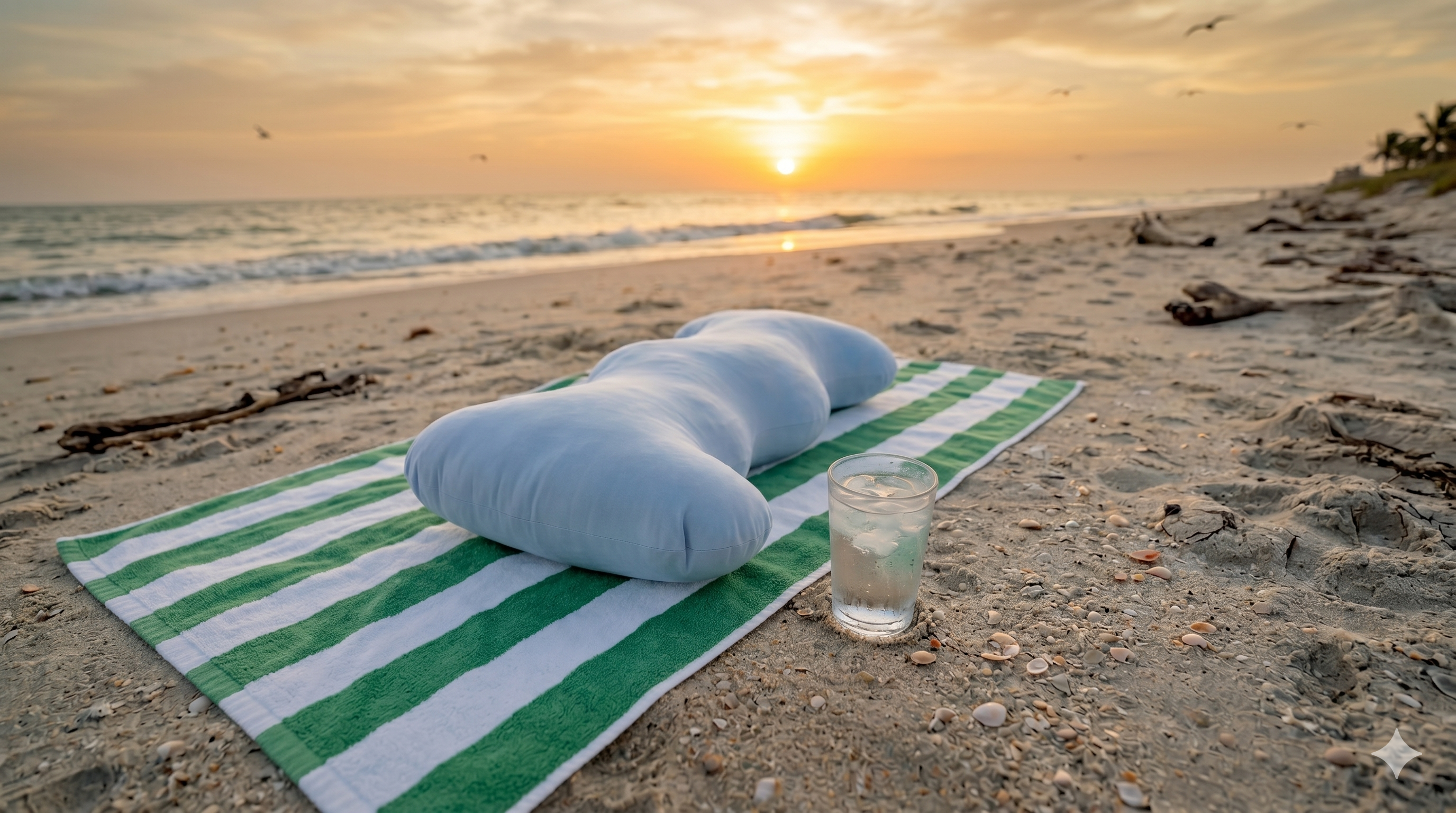 A light blue, human-shaped body pillow and a glass of iced water sit on a green and white striped towel on a sandy beach. Birds fly overhead as the sun sets over the ocean in the background.