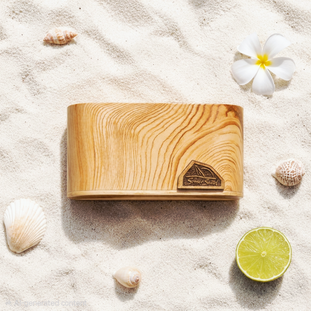 Wooden aroma diffuser on sand with shells and a lime