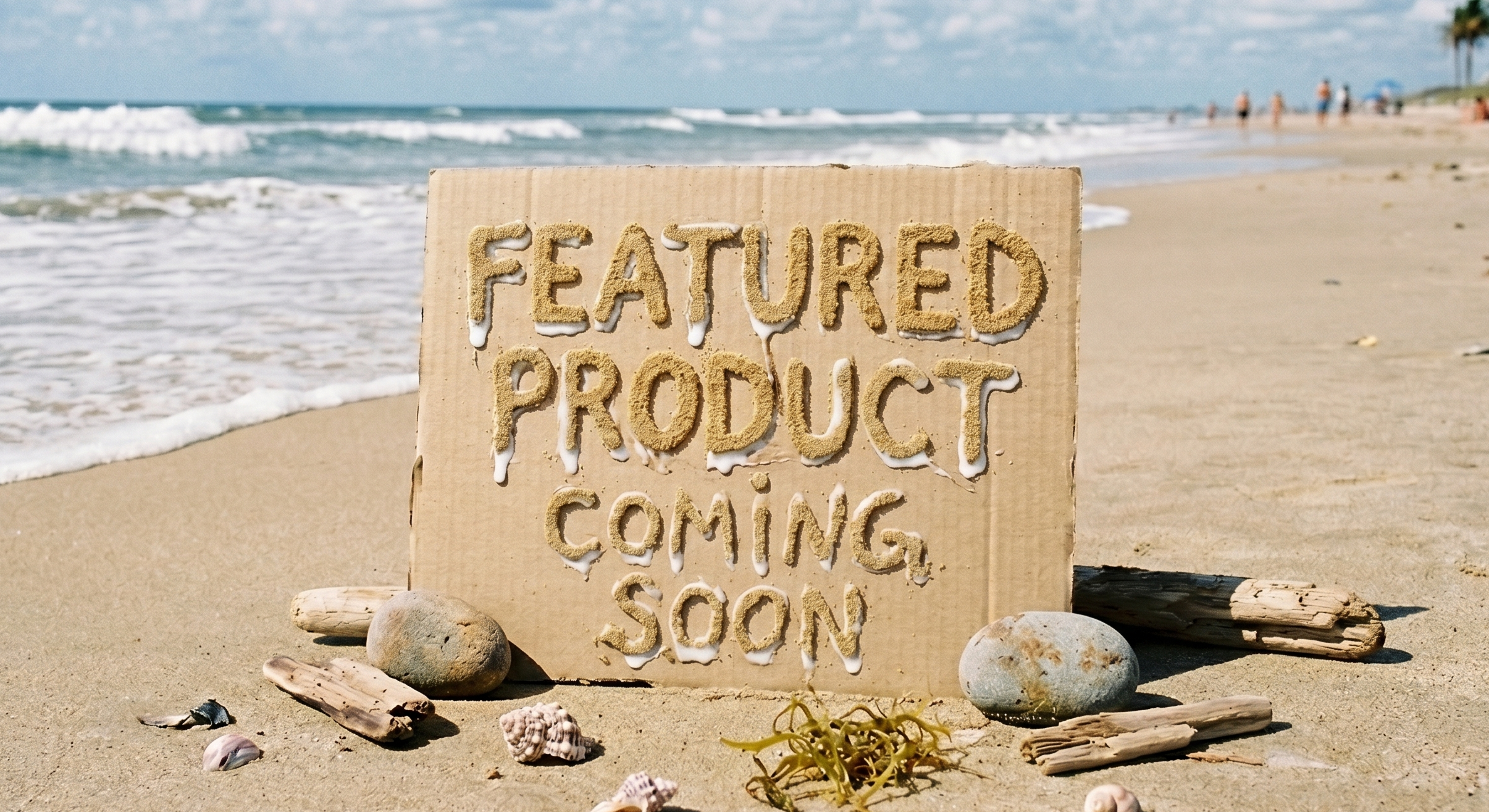 Beach scene with a Cardboard labeled 'Featured Product Coming Soon'
