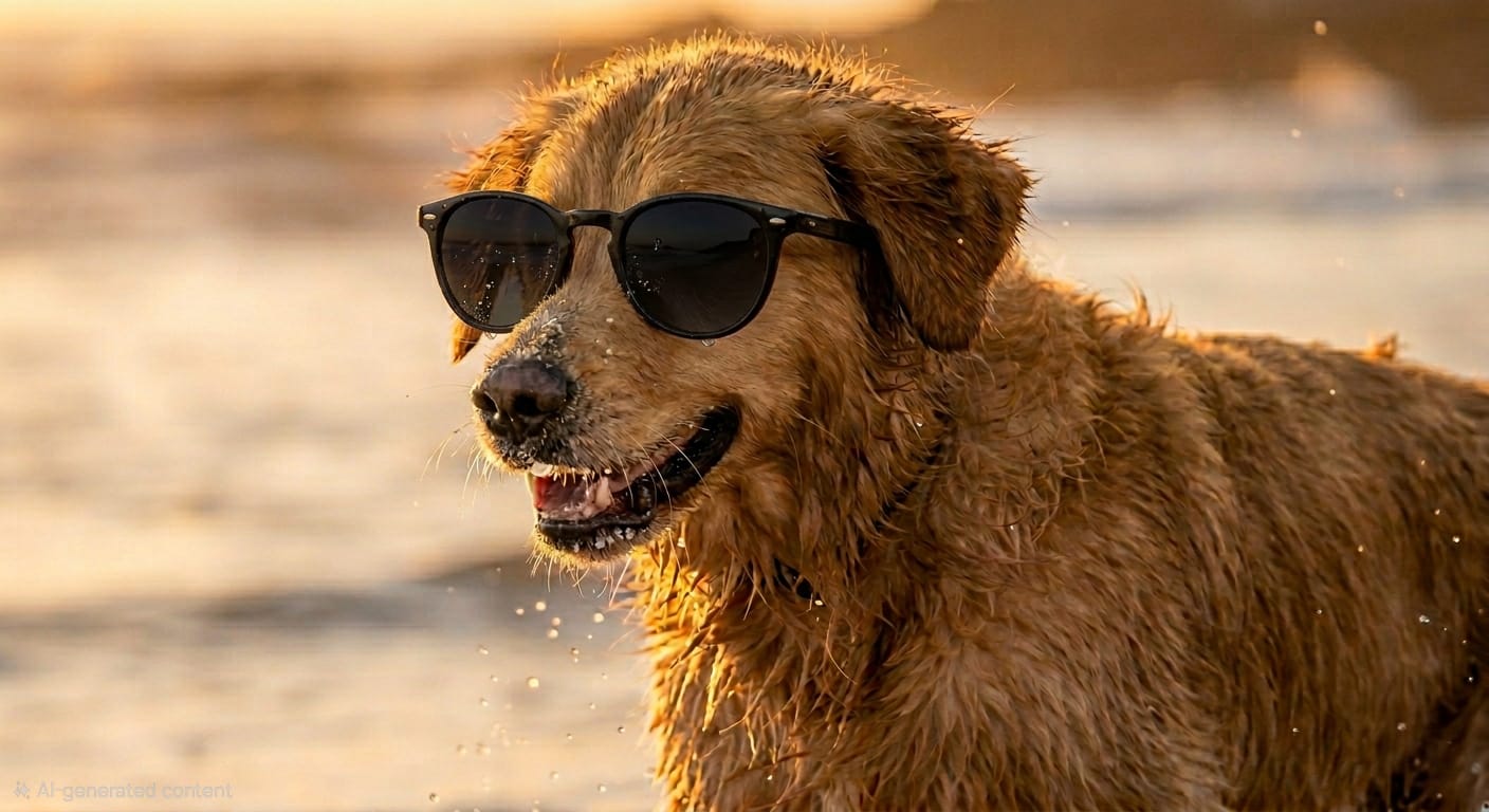 Dog wearing sunglasses on a beach at sunset