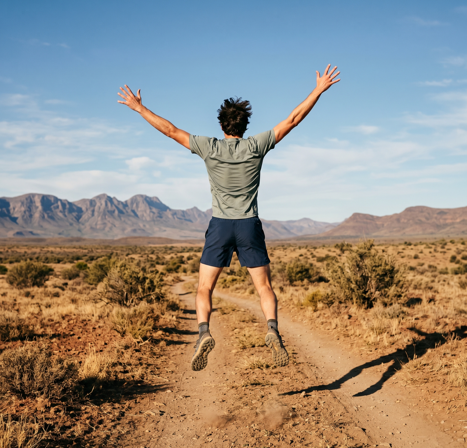 Person jumping with arms outstretched in a desert landscape with mountains in the background