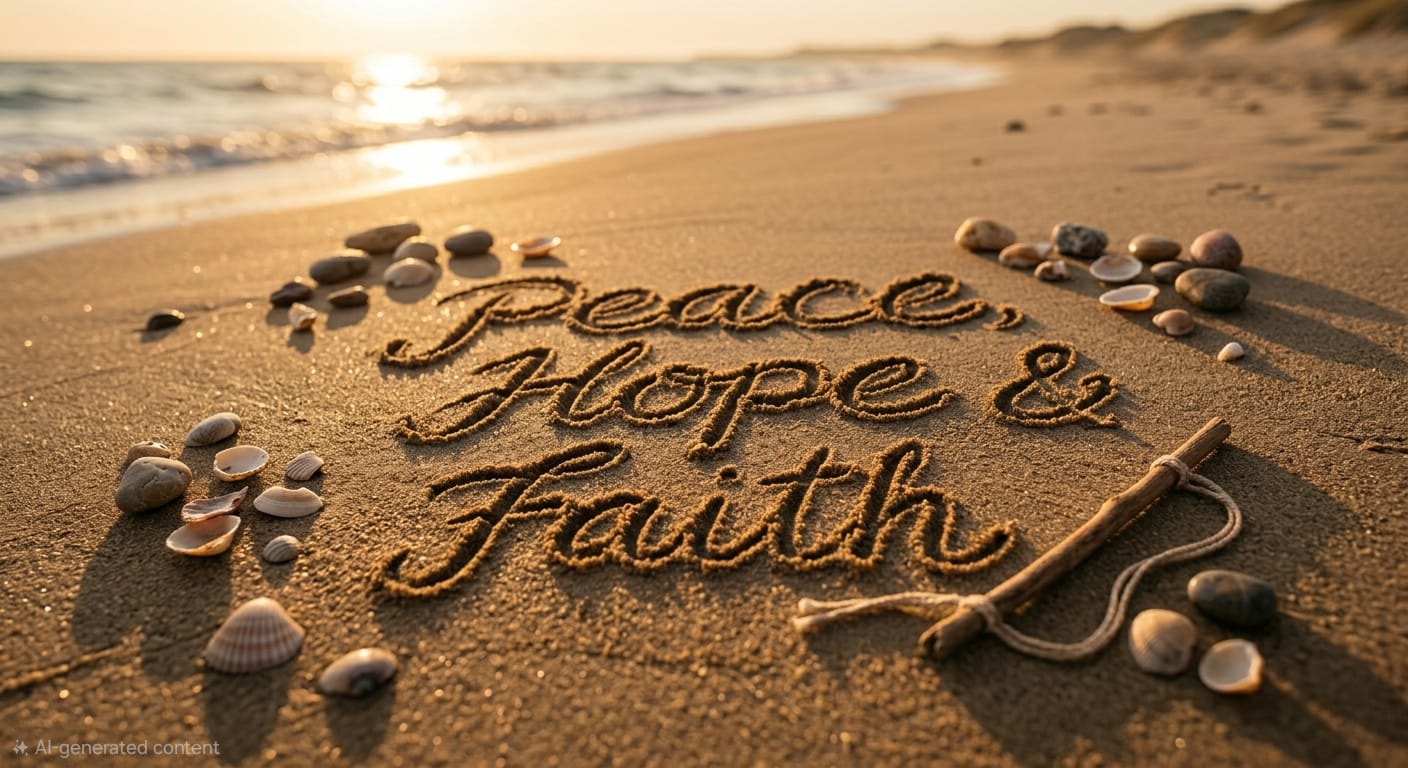 Sand art with 'Peace, Hope & Faith' on a beach at sunset