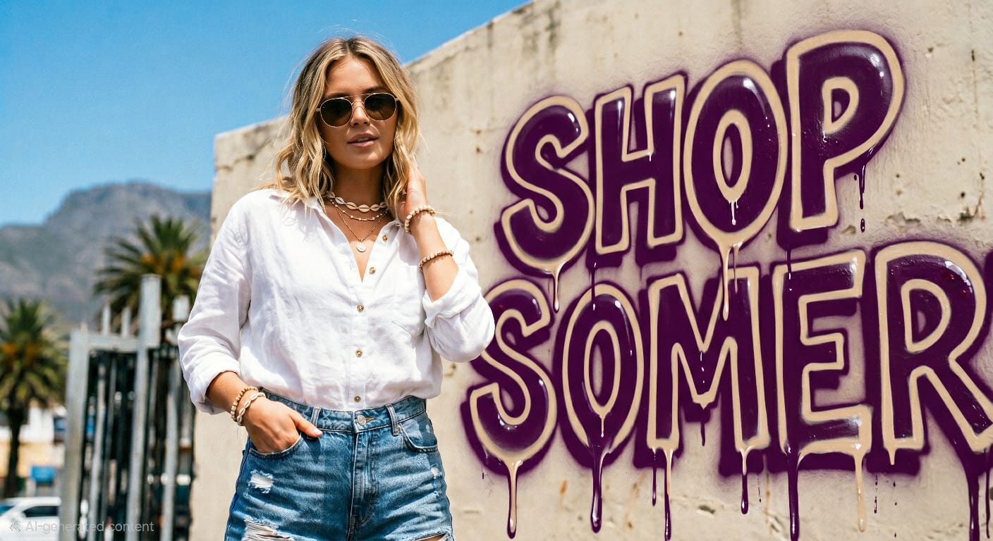 A young woman, stylish in a white linen shirt, distressed denim shorts, and sunglasses, poses casually in front of a weathered concrete wall in Cape Town.  The wall features a prominent, dripping purple and gold graffiti that reads "SHOP SOMER!". Behind her are palm trees and the majestic Table Mountain range, under a clear blue sky.