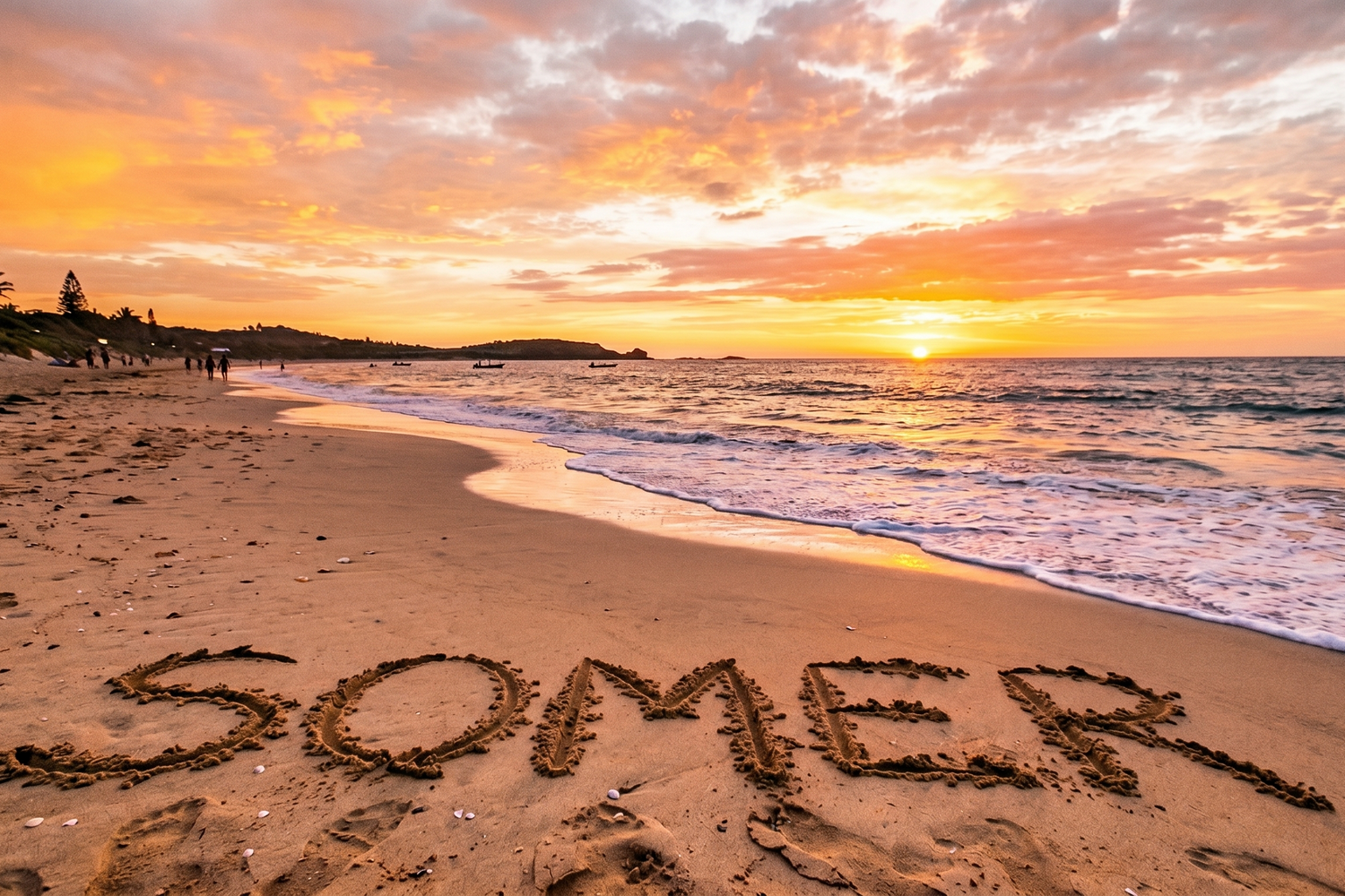 Beach scene with 'SOMER' written in sand at sunset.