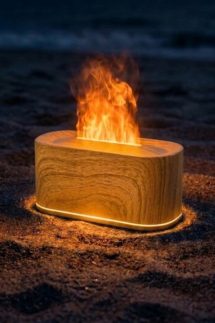 Wooden fire pit with flames on a beach at night