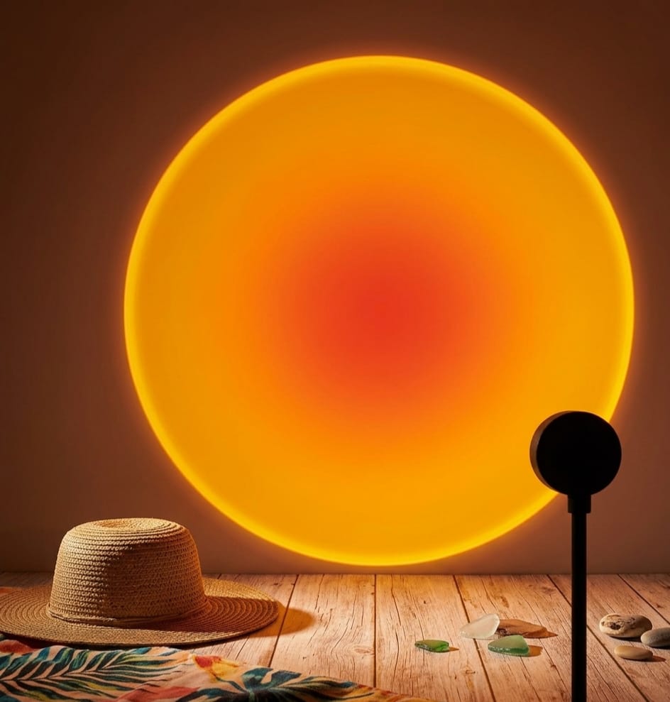 Round orange light fixture on a wooden floor with a hat and decorative items.