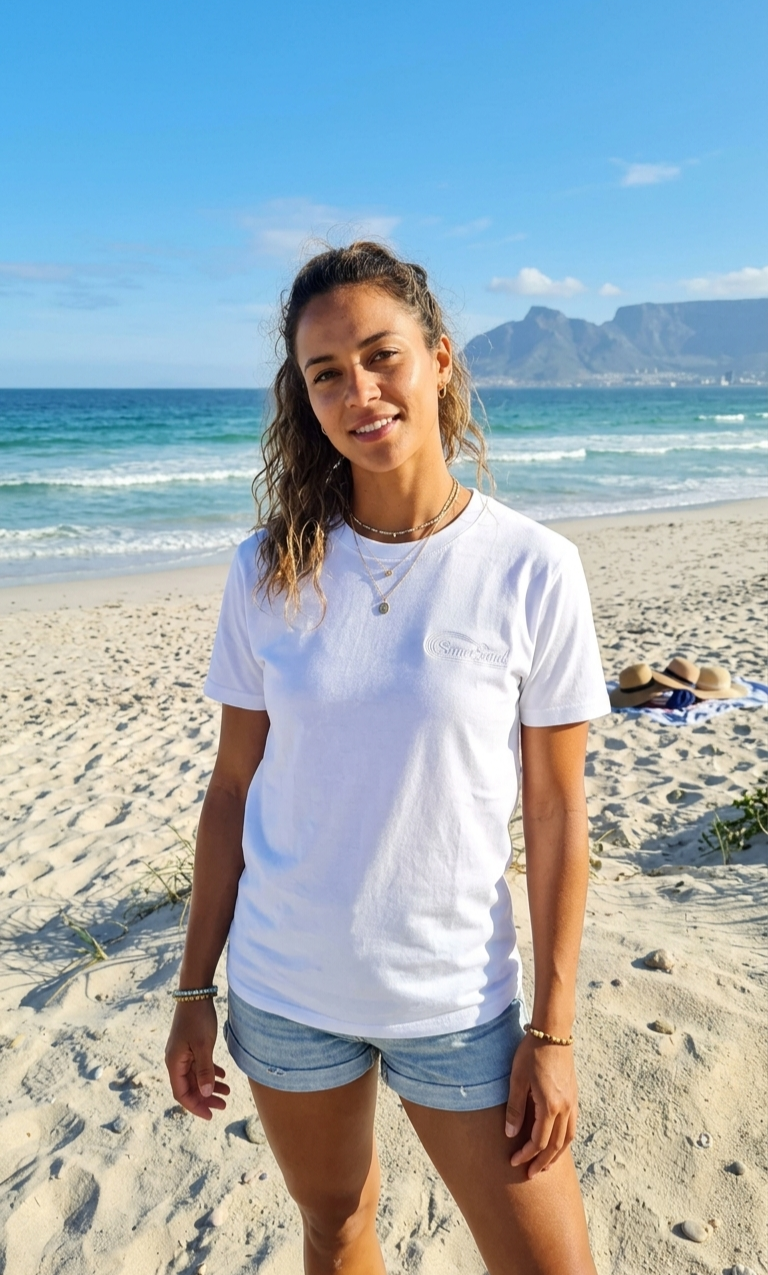 Woman in a white t-shirt and denim shorts standing on a beach with Table Mountain in the background.