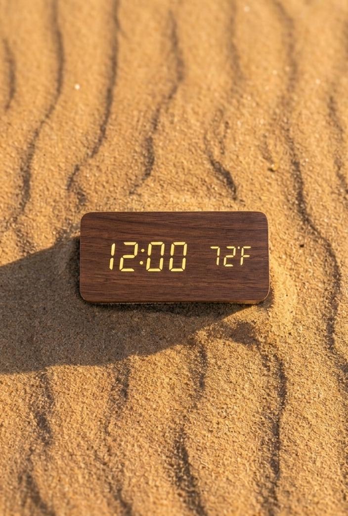 Wooden digital clock displaying time and temperature on sand
