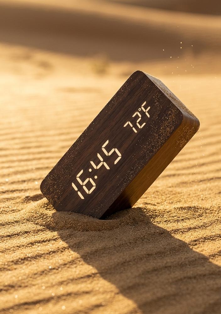 Wooden digital clock with LED display on sand